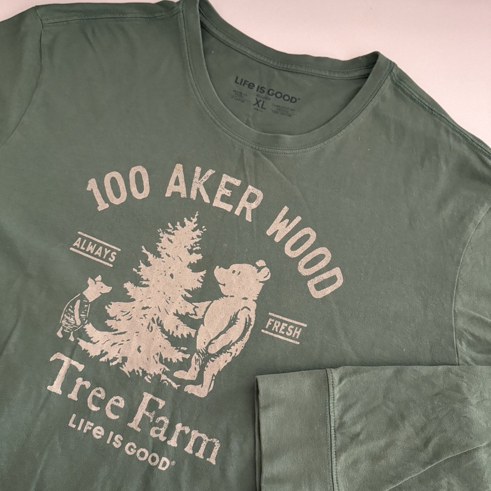 Life Is Good Crusher Shirt Mens XL Green 100 Aker Wood Winnie Pooh Tree Farm LS